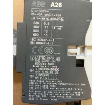 ABB A26-30-01 Contactor, 30A, 600VAC Max, 200-600VAC, 7.5-25HP, 110-120V Coil