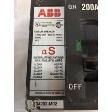 ABB CIRCUIT BREAKER 200 AMP 3 POLE 600V W/LUGS FSB63200L