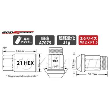 Godspeed Type4 50mm 31g RIM WHEEL LOCK LUG NUTS 12x1.5 M12 P1.5 w/ Key NEO a