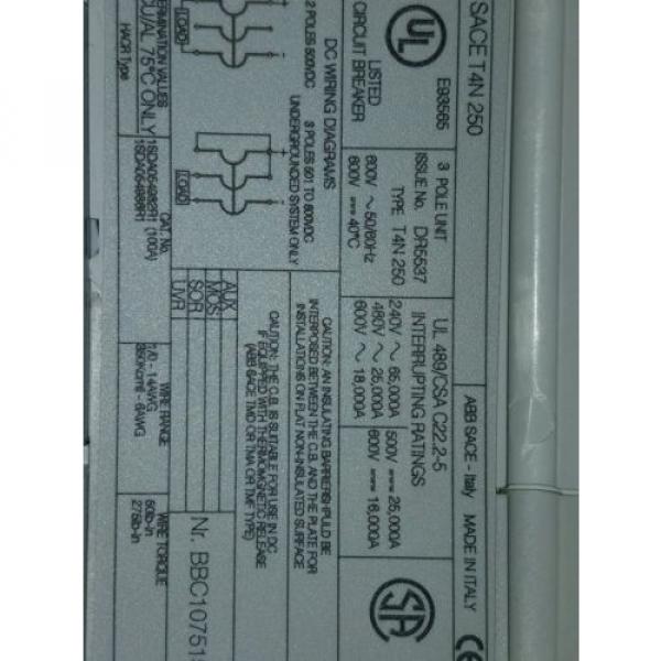 ABB SACE T4N 250 CIRCUIT BREAKER With ROTARY HANDLE 3 POLE 660VAC 250amp PR221DS #3 image