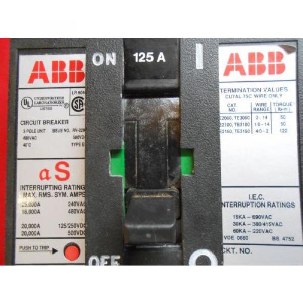 ABB ESB43125LBER  BREAKER  NEW 125 AMP 480 VAC 3 POLE  6 LUG BELL #3 image