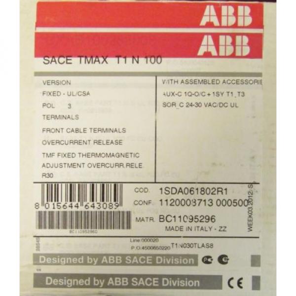 ABB SACE TMAX T1 N 100 TIN Breaker 24-30VAC DC Shunt + Auxiliary 1SDA061802R1 #1 image