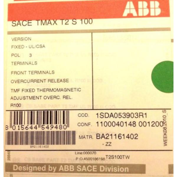 ABB T2S100TW 3 POLE 100 AMP FIXED THERMAL MAGNETIC CIRCUIT BREAKER NEW BOXED #1 image