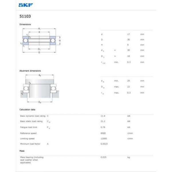 SKF Thrust Ball Bearing 51103 Thrust Ball Bearing Single Direction 17 x 30 x 9 mm 2,563 Lb Cap New #2 image