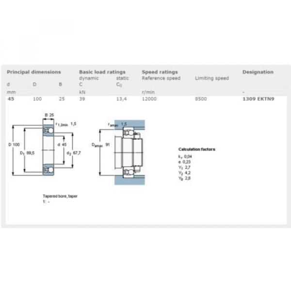 SKF ball bearings Vietnam 1309EKTN9 self-aligning ball bearing OD : 100 mm X ID : 45 mm X W : 25 mm #2 image