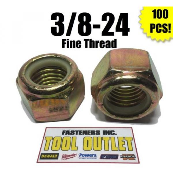 (Qty 100) 3/8-24 Fine Grade 8 Nylon Insert Lock Nuts Nylock Yellow Zinc Plated #1 image