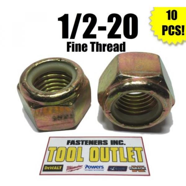 (Qty 10) 1/2-20 Fine Grade 8 Nylon Insert Lock Nuts Nylock Yellow Zinc Plated #1 image