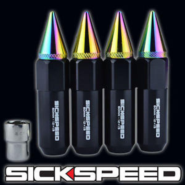 SICKSPEED 4 PC BLACK/NEO CHROME SPIKED 60MM EXTENDED LOCKING LUG NUTS 1/2x20 L25 #1 image