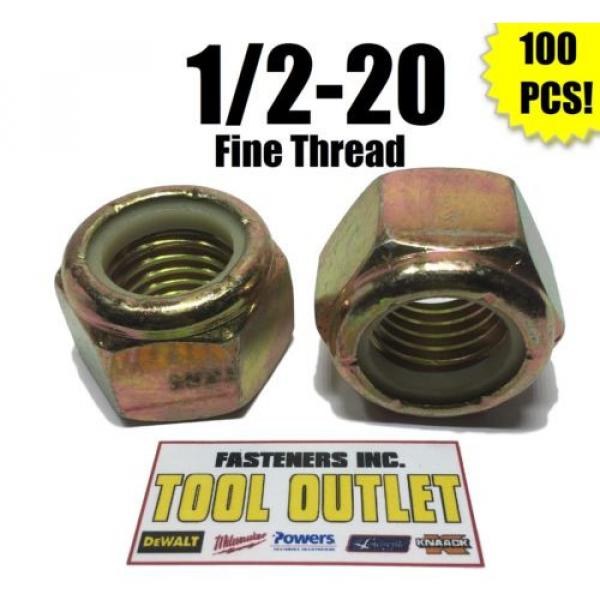 (Qty 100) 1/2-20 Fine Grade 8 Nylon Insert Lock Nuts Nylock Yellow Zinc Plated #1 image